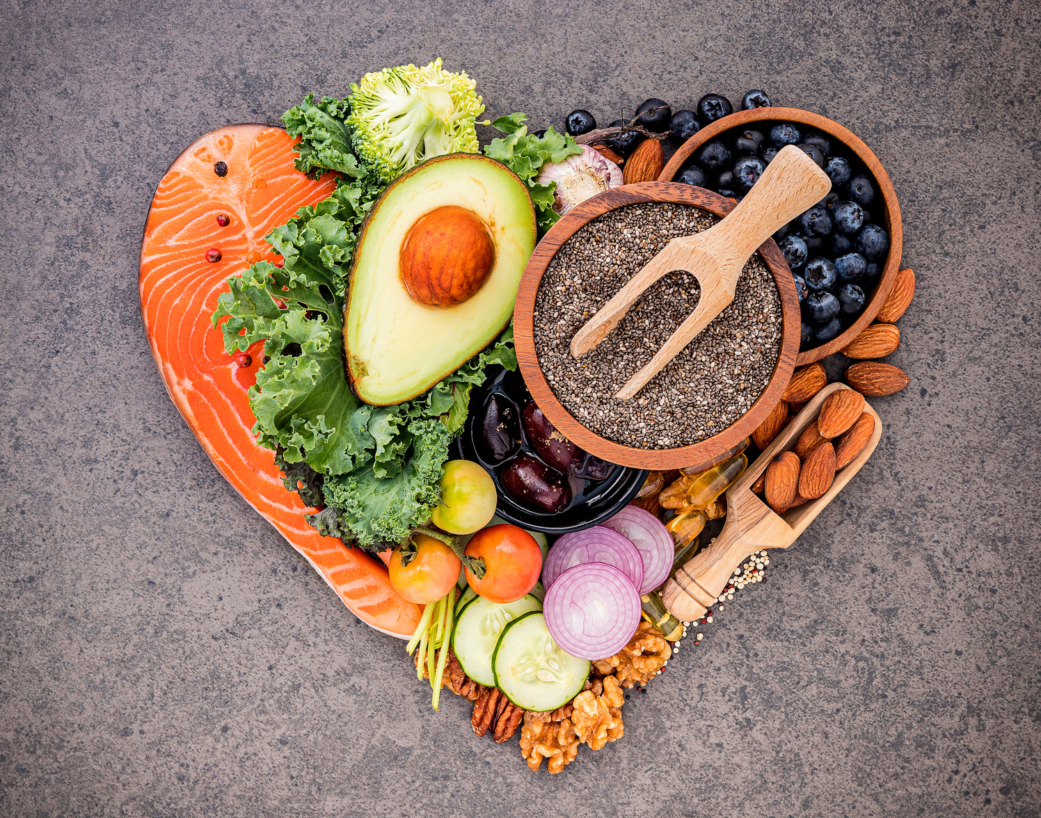 Heart Shape of Ketogenic Low Carbs Diet Concept. Ingredients for